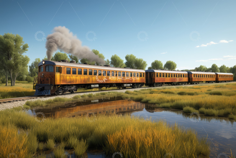 高清大图下载【趣麦麦图】田野间行驶的复古火车