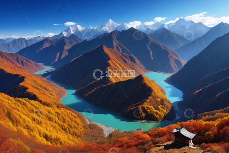 高清大图下载【趣麦麦图】秋日山间河流与古建筑风景