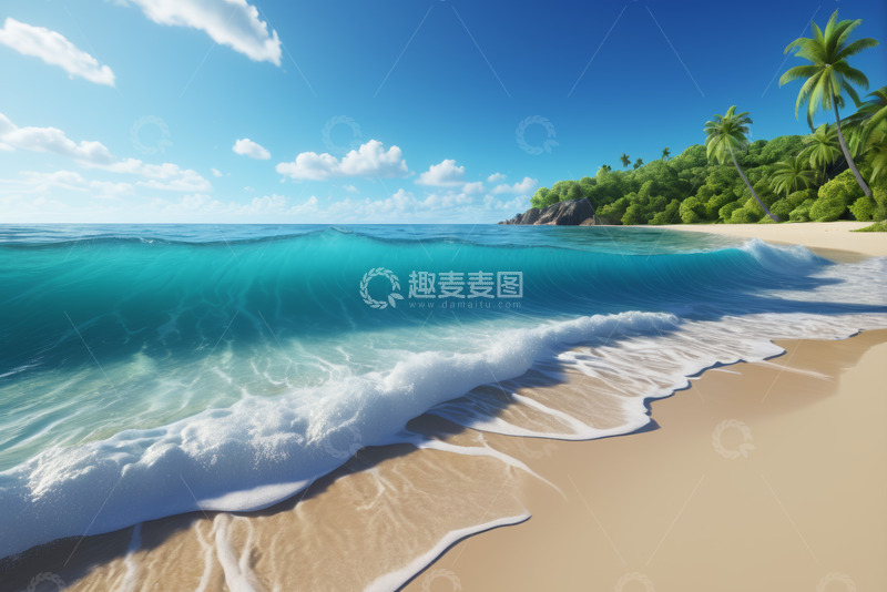 高清大图下载【趣麦麦图】热带海滩海浪与椰林风景
