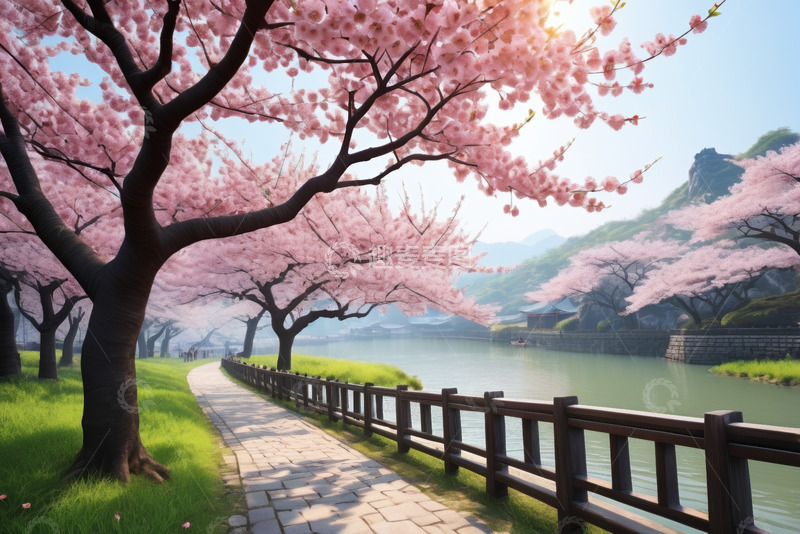 高清大图下载【趣麦麦图】河畔樱花小道风景