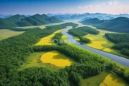 航拍河流田野山林自然风光