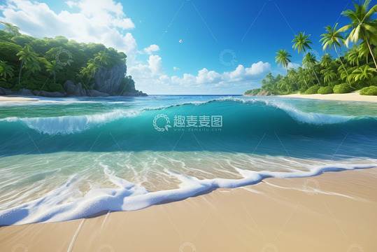 热带海滩海浪与椰林风景