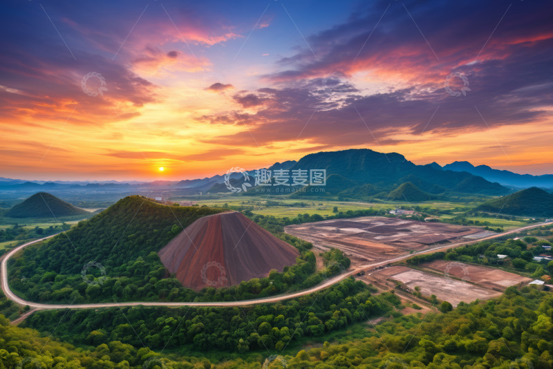 高清大图下载【趣麦麦图】日落时分山丘与采矿场航拍图