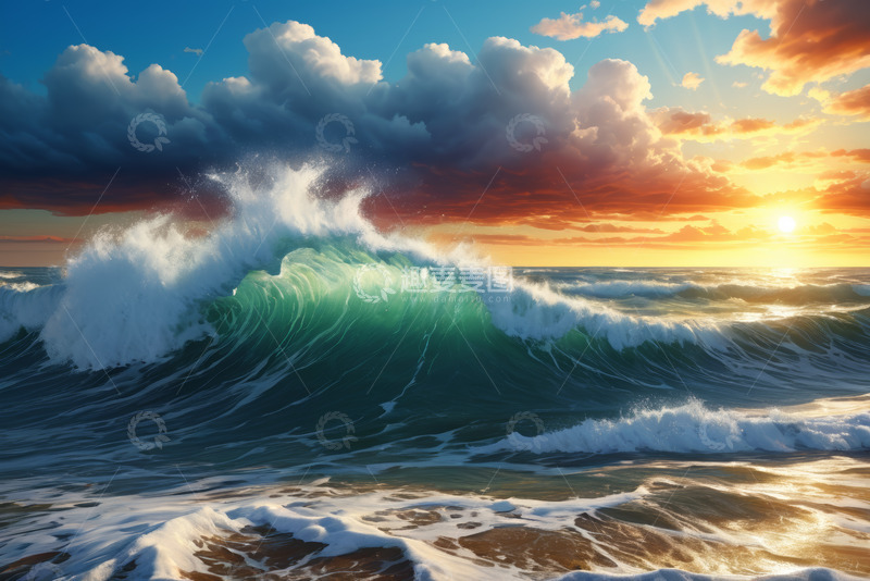 高清大图下载【趣麦麦图】夕阳下汹涌海浪的自然景观