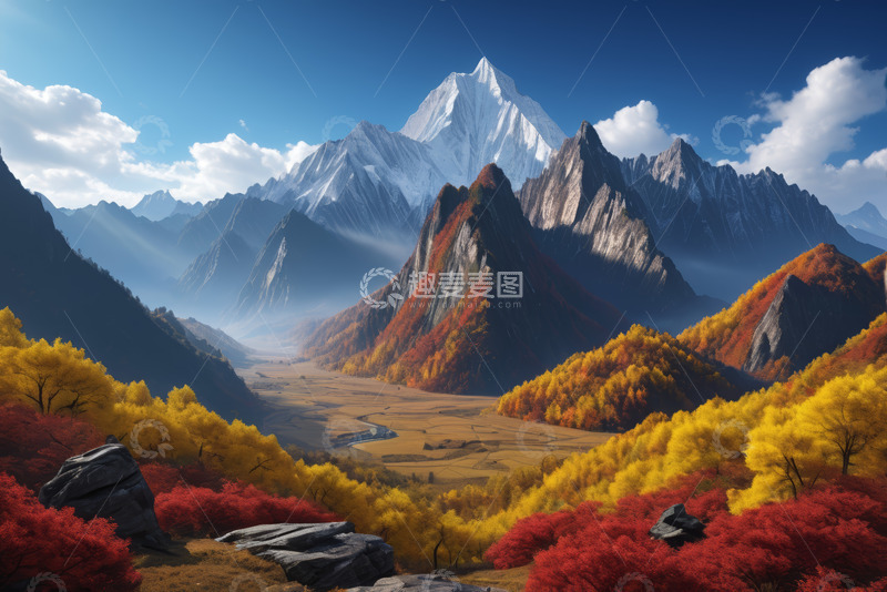 高清大图下载【趣麦麦图】秋日山谷壮丽山脉景观