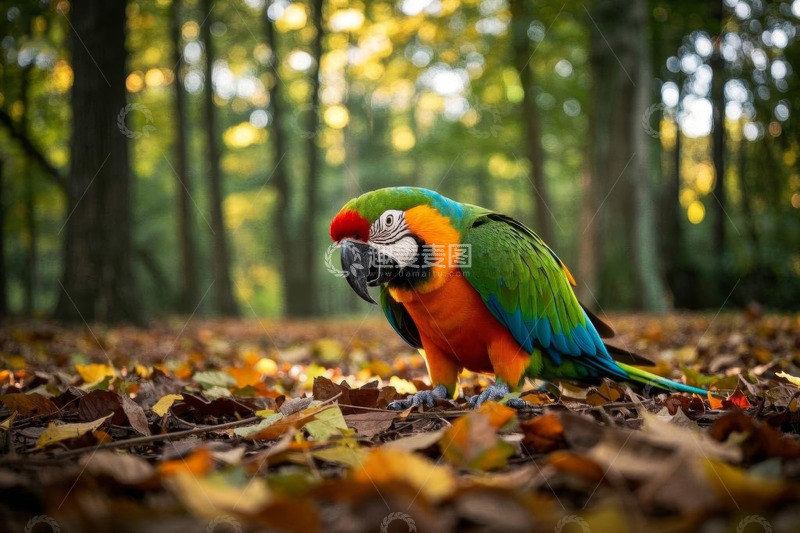 高清大图下载【趣麦麦图】森林中站立的多彩金刚鹦鹉