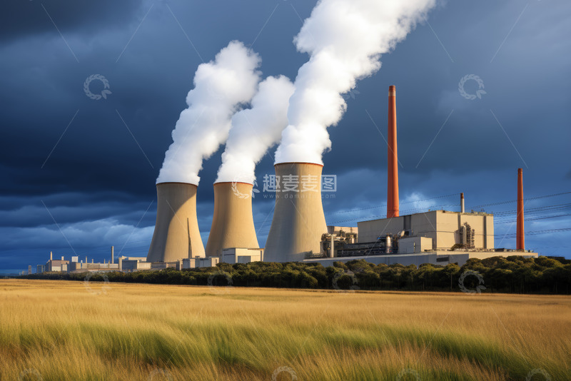 高清大图下载【趣麦麦图】发电厂烟囱冒出蒸汽场景