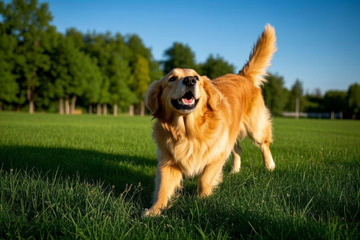 草地上奔跑的金毛犬