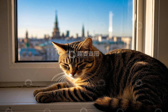 窗台上休憩的条纹猫