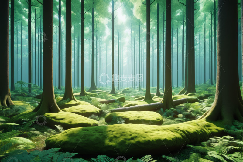高清大图下载【趣麦麦图】阳光照耀下的静谧森林景观