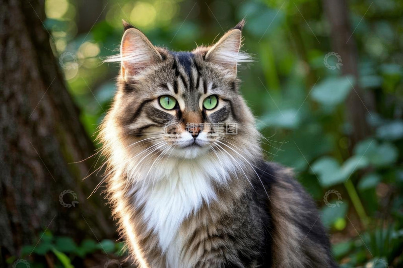 高清大图下载【趣麦麦图】森林中绿眼长毛猫特写