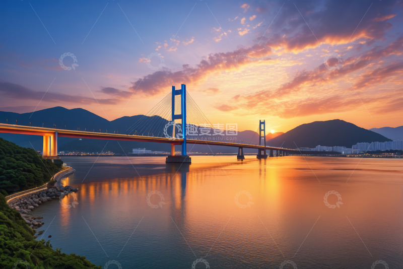 高清大图下载【趣麦麦图】夕阳下跨海大桥风景