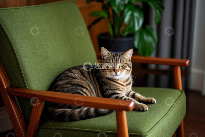 高清大图下载【趣麦麦图】绿椅上休息的斑纹猫