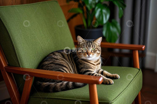 绿椅上休息的斑纹猫