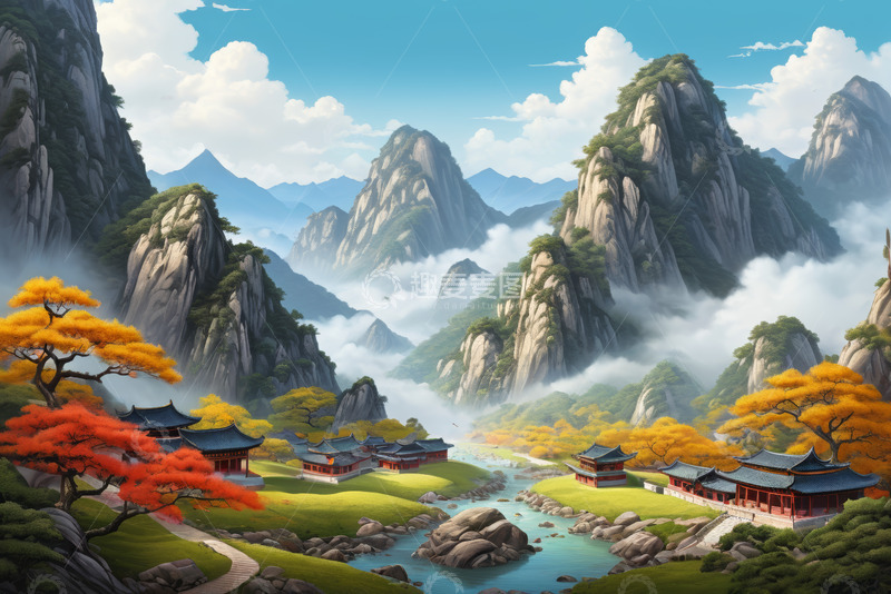高清大图下载【趣麦麦图】古风山水与中式建筑景观