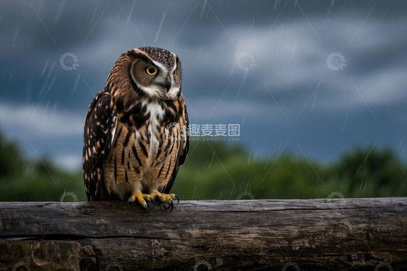 高清大图下载【趣麦麦图】雨中栖息在木杆上的猫头鹰