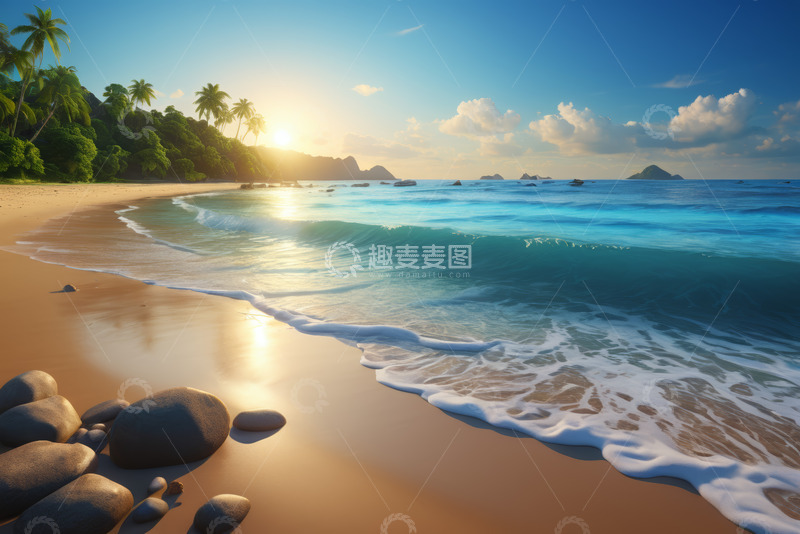 高清大图下载【趣麦麦图】阳光海滩海浪与岸边绿植