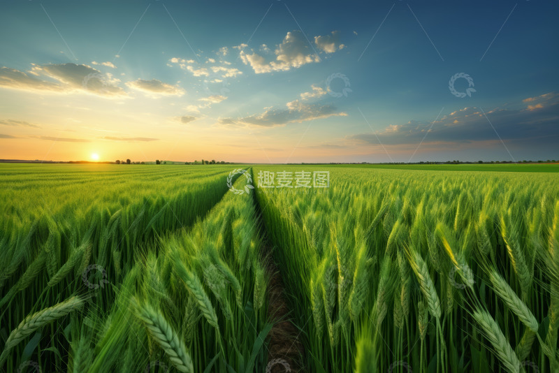 高清大图下载【趣麦麦图】夕阳下的绿色小麦田风光