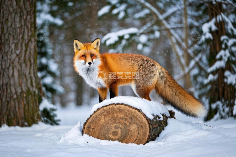 高清大图下载【趣麦麦图】雪林里站立的狐狸