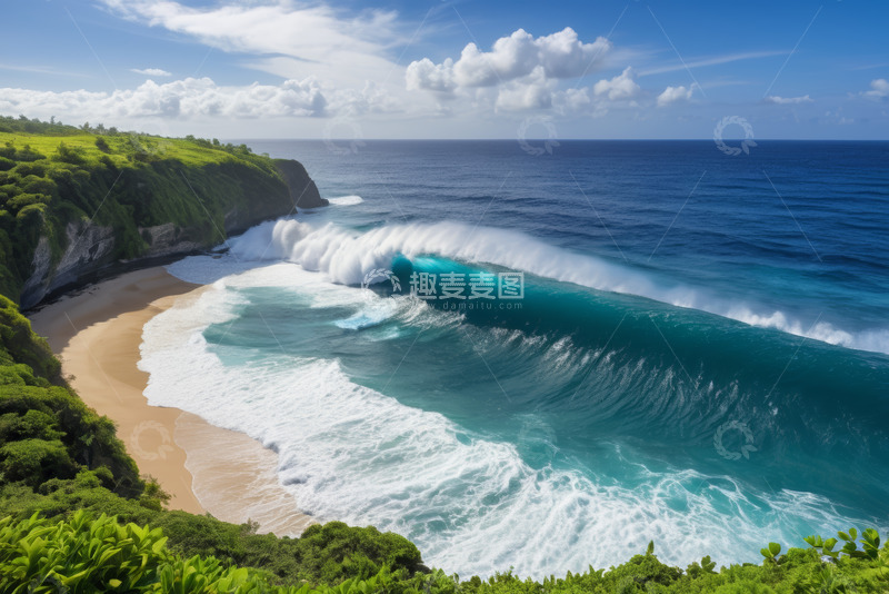高清大图下载【趣麦麦图】海岸边壮阔海浪与葱郁植被
