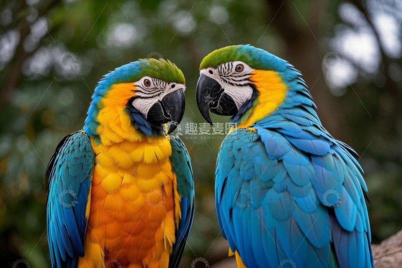 高清大图下载【趣麦麦图】两只色彩艳丽金刚鹦鹉相对而立