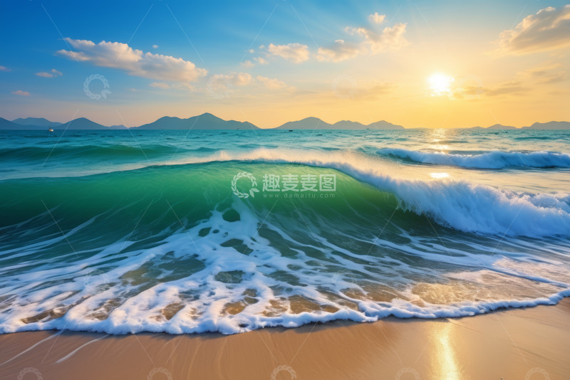 高清大图下载【趣麦麦图】海滩海浪与日落自然风光