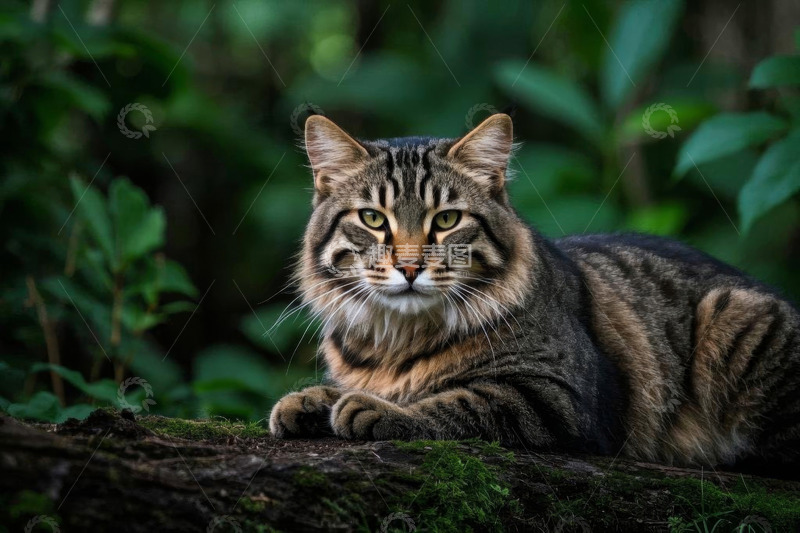 高清大图下载【趣麦麦图】森林中趴卧的条纹猫