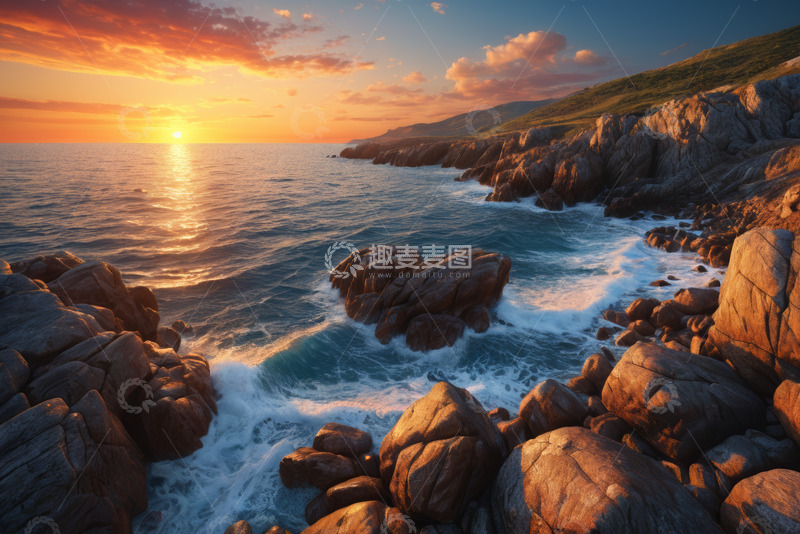 高清大图下载【趣麦麦图】海边日落时分岩石景观