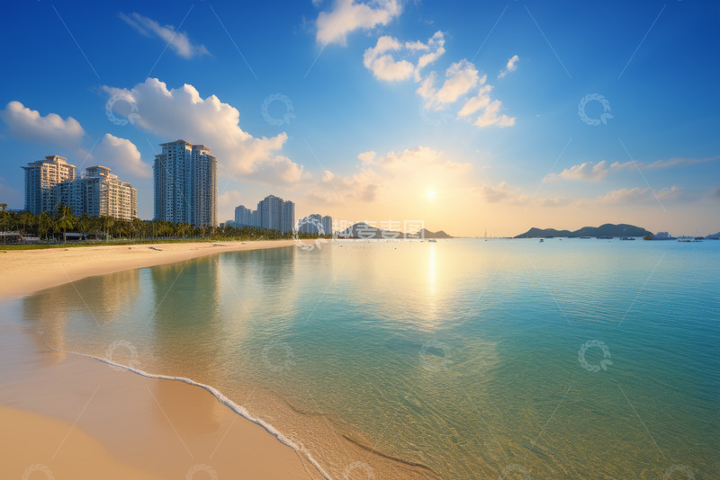 高清大图下载【趣麦麦图】海滨城市沙滩日出景色