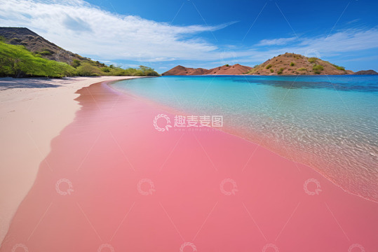 粉色沙滩与清澈海水景观