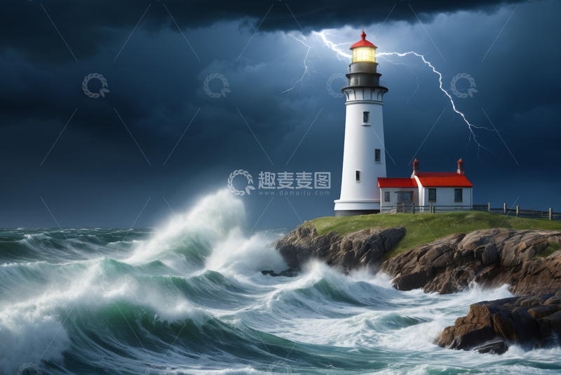 高清大图下载【趣麦麦图】暴风雨中的海边灯塔