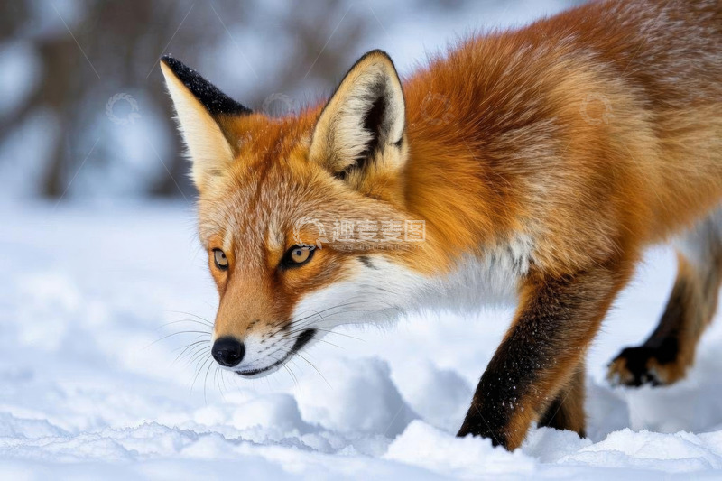高清大图下载【趣麦麦图】雪地中行走的红狐狸