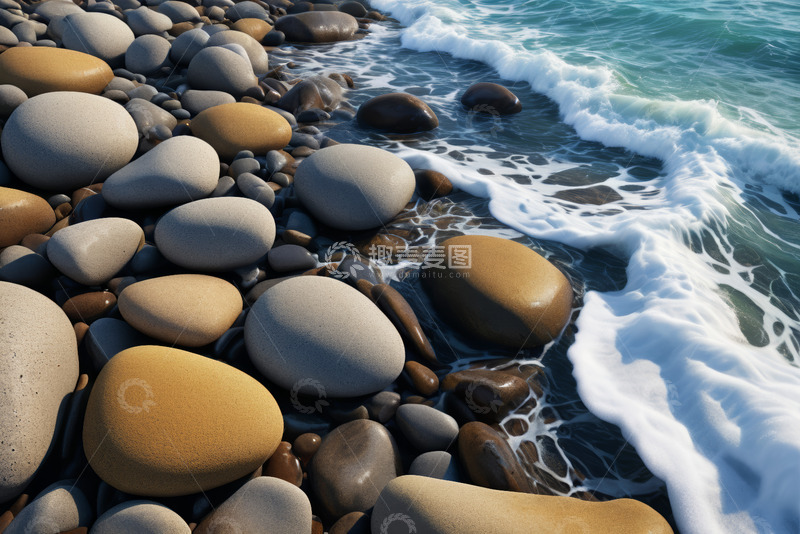 高清大图下载【趣麦麦图】海浪拍打岸边鹅卵石景象
