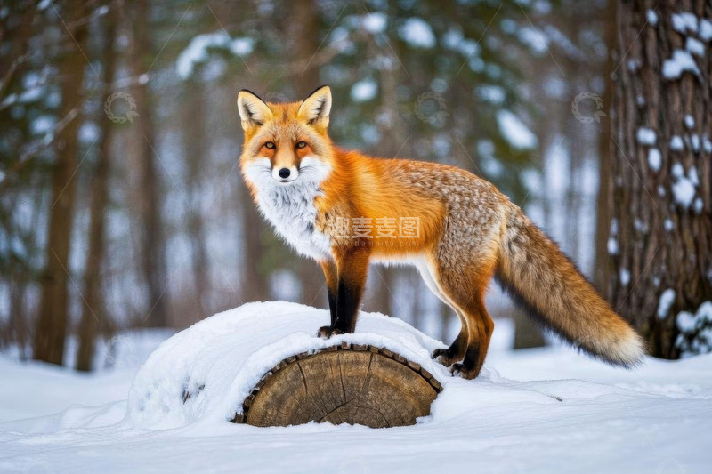 高清大图下载【趣麦麦图】雪地森林中站立的狐狸