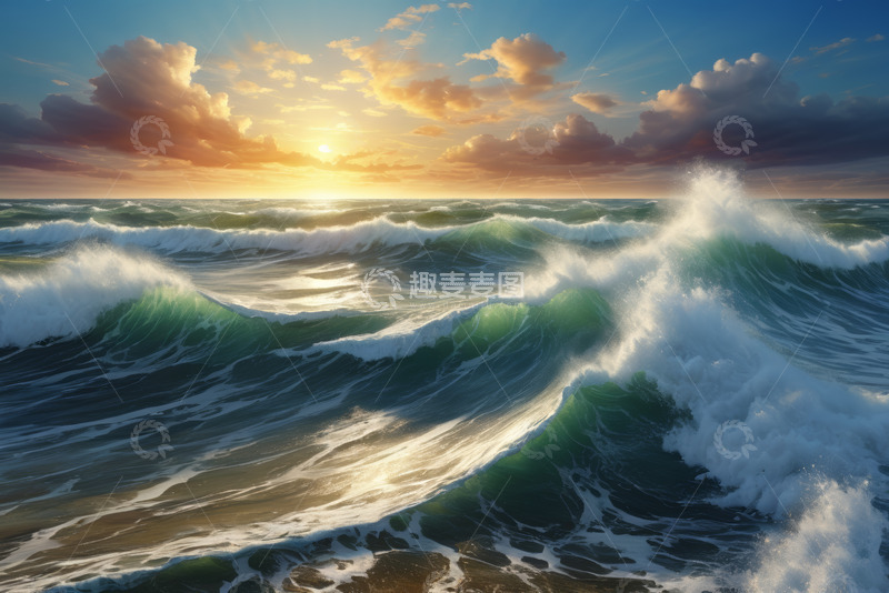 高清大图下载【趣麦麦图】海上日落海浪景观