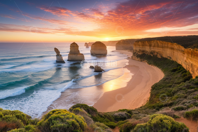高清大图下载【趣麦麦图】澳大利亚海岸线海滩日落景观