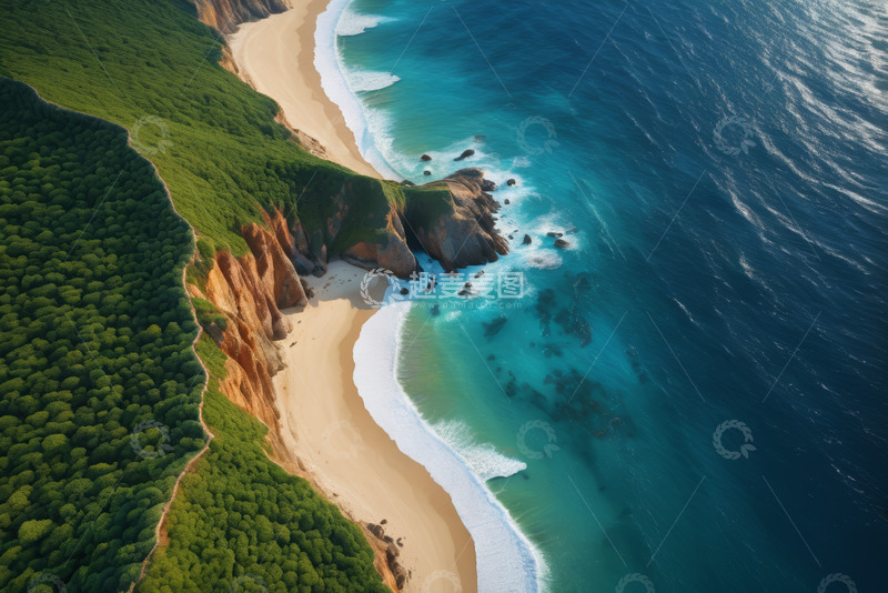 高清大图下载【趣麦麦图】俯瞰海岸边的沙滩与植被