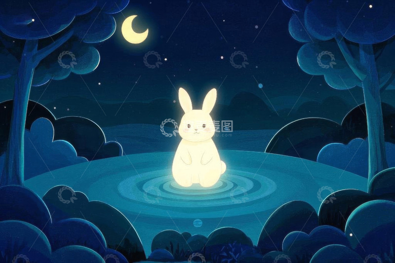 高清大图下载【趣麦麦图】月夜下发光兔子于林间水洼