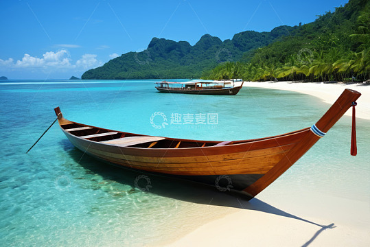 海滩边停泊的木质小船
