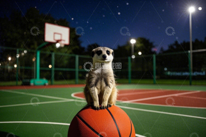 高清大图下载【趣麦麦图】篮球场上站立在篮球上的猫鼬
