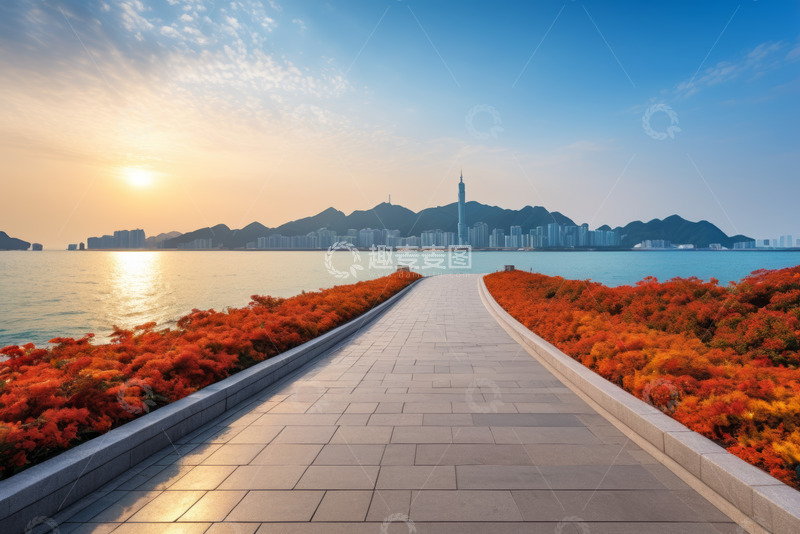 高清大图下载【趣麦麦图】海滨步道与城市天际线景观