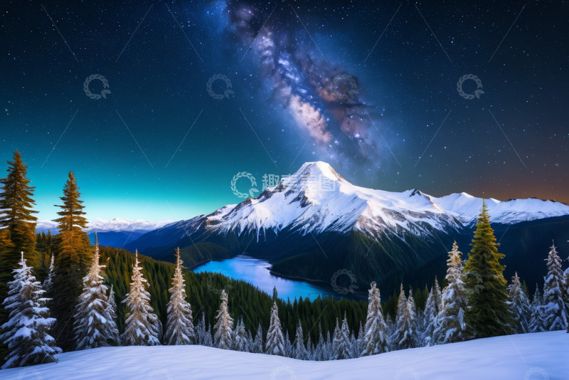 高清大图下载【趣麦麦图】雪山星空下的森林湖泊景观