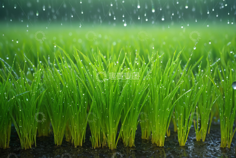 高清大图下载【趣麦麦图】雨中嫩绿秧苗田园景象
