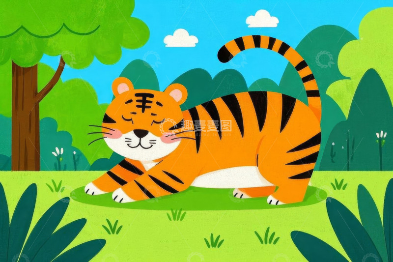 高清大图下载【趣麦麦图】卡通老虎于森林草地休憩画面