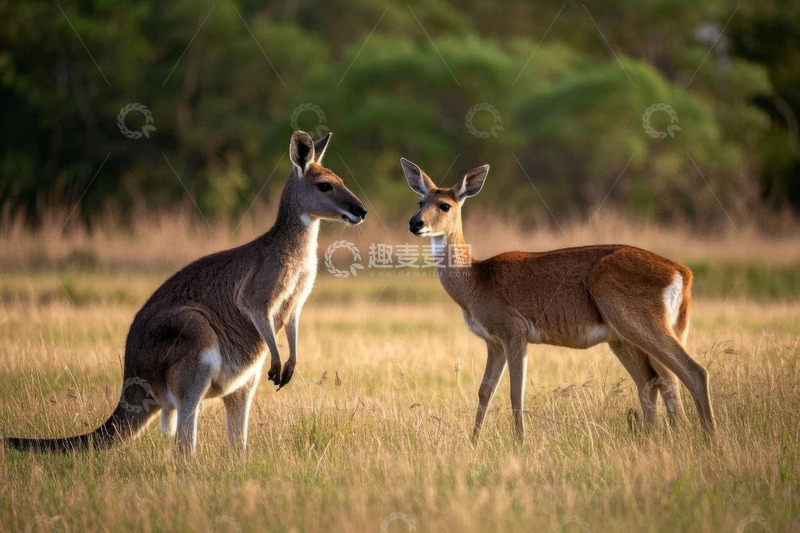 高清大图下载【趣麦麦图】袋鼠与小鹿在草地对视
