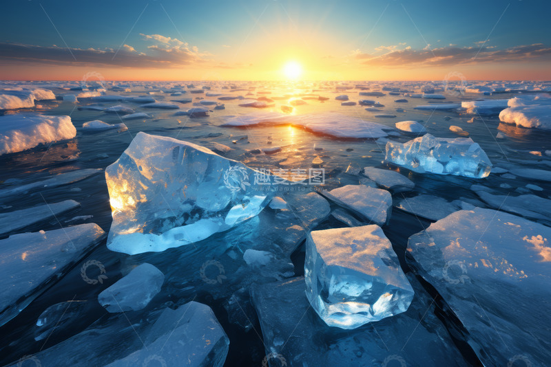 高清大图下载【趣麦麦图】海上浮冰与日出景象