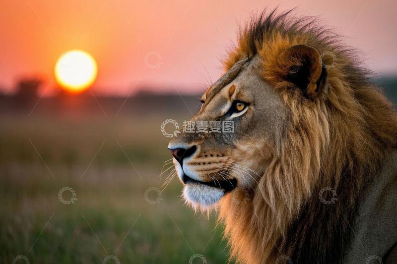 高清大图下载【趣麦麦图】夕阳下草原上的雄狮侧影