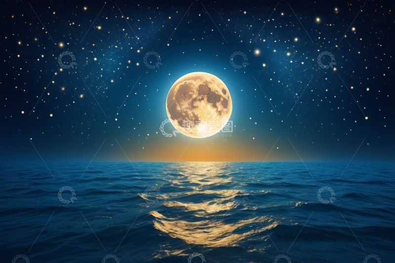 高清大图下载【趣麦麦图】海上满月星空夜景