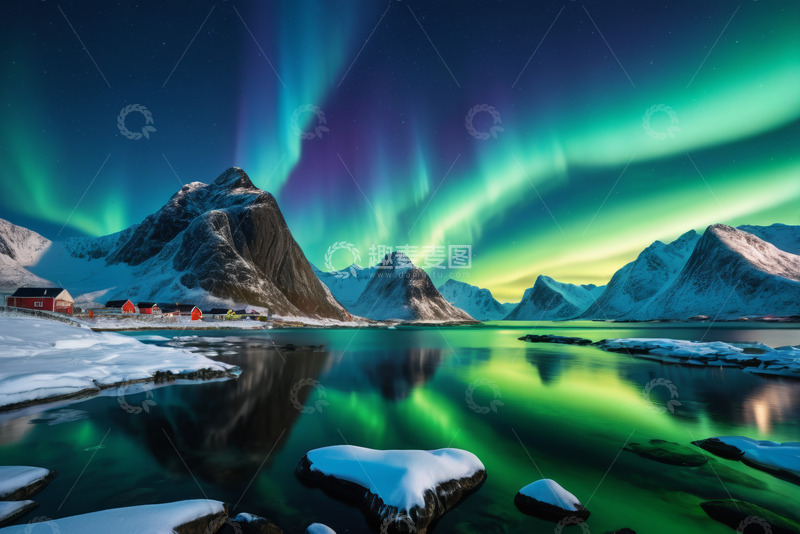 高清大图下载【趣麦麦图】挪威雪山湖泊上空的极光景观