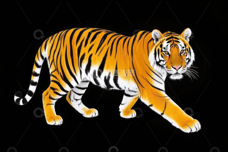 高清大图下载【趣麦麦图】黑色背景下行走的老虎